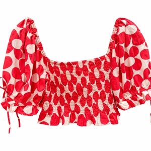 North End Pink Polka Dot Smocked Puff Sleeve Crop Top Smocked Blouse Size S